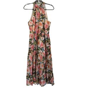 Fate M Black Pink Floral Voile Halter Tiered Maxi Dress Pockets Wedding Guest